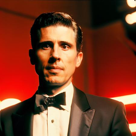 analog style face portrait of alteanx person wearing a tuxedo, professional photography, in blade runner, high resolution, 4k, 50mm, vaporwave, <lora:atleanx_5460:1>