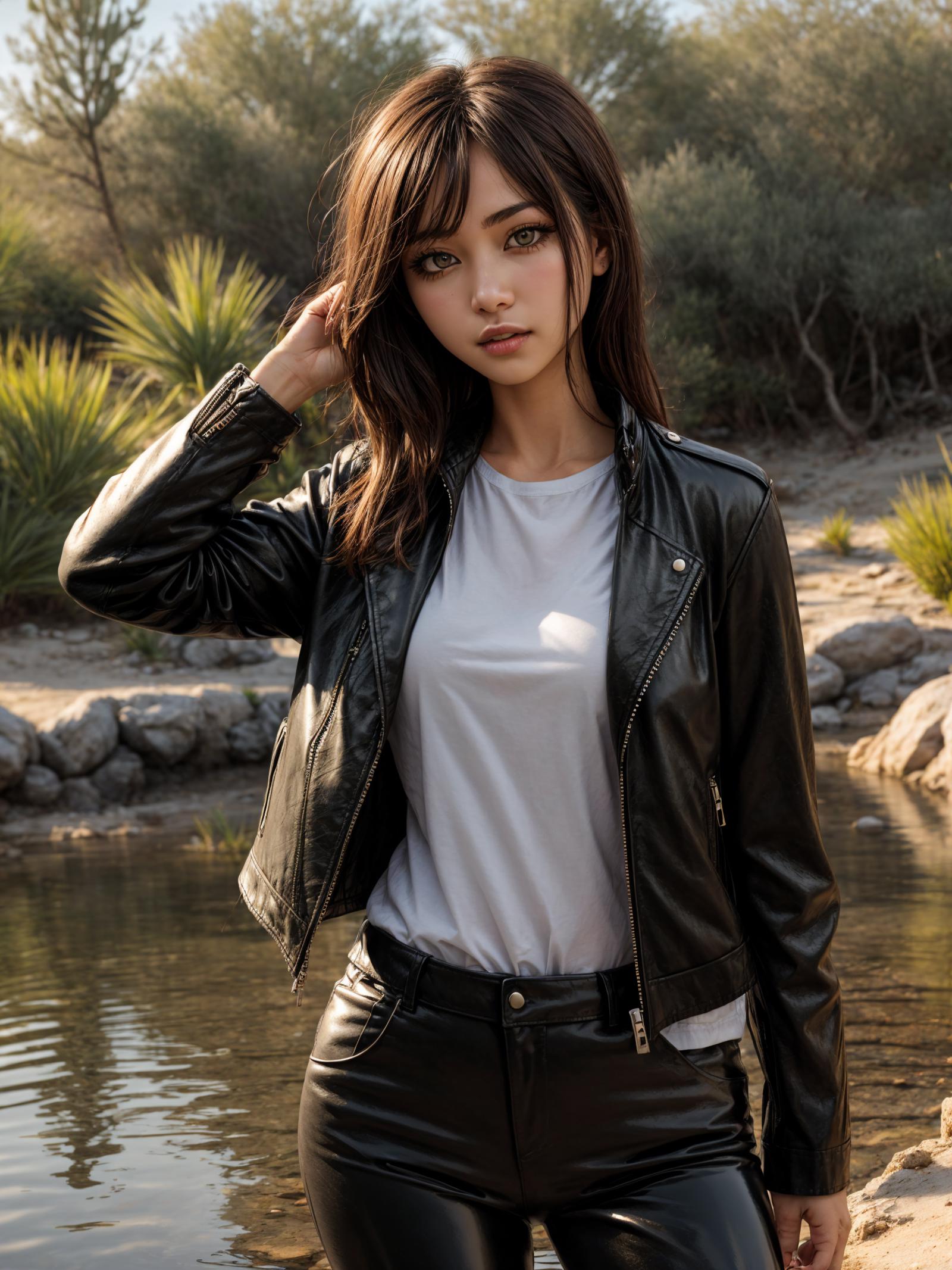 A woman wearing a black leather jacket, white shirt, and black pants is standing near a body of water.