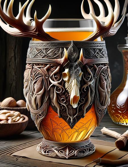 <lora:SDXLAntlerPagan:1>AntlerStyle, an ornate carved macro shot of a glass of mead, viking, extremely detailed, beautiful