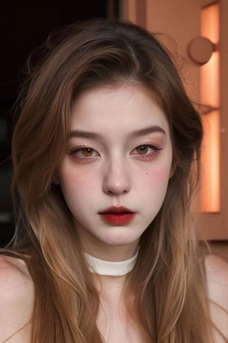 raw photo, (25yo ginger hair girl:1.2), makeup, graphic eyeliner, rouge, (choker:0.7), realistic skin texture, short dress, (red:0.8), sakura park, softcore, warm lighting, cosy atmosphere, instagram style, outdoor, (spring:1.1)