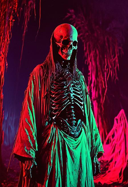 terrifying lich, skeletal, glowing eyes, drab cloth robe
in the style of the decaying empire of Wrstreich, dark magic and grotesque creatures abound, inspired by Sean Aaberg's punk aesthetic, dark fantasy world combines grim landscapes with vibrant, exaggerated neon colorful art, old 80's VHS dark fantasy, VHS screen grab, grainy, old footage