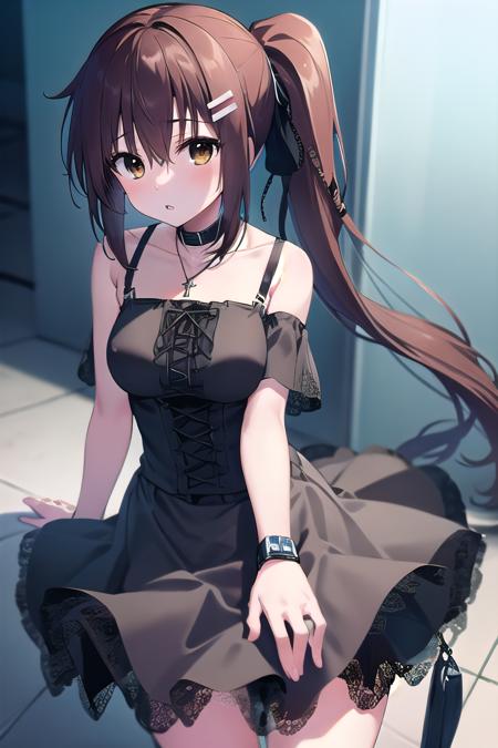 masterpiece, best quality, ultra-high-detailed, Minakami Yuki, brown hair, brown eyes, ponytail, choker, pin, armband, black dress, cross pendant