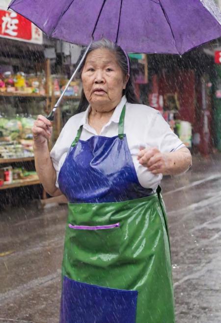 (((90 year old obese wrinkly asian woman)) wears a ((((blue and green rubber apron with purple zippered pockets)))) the (apron and her white shirt are soaked with water as she stands in a rain storm) outside of an asian shop