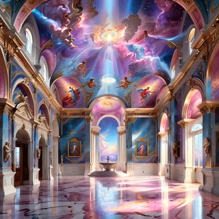 Hyperrealistic hall detailed with religious overtones,rays of sunlight,ethereal cloud angels with shimmering outlines,vast sky with swirling galaxies,cosmic colors (purples, blues, pinks),dramatic lighting,mystical atmosphere,creation,(Michelangelo impression),masterpiece,highly detailed,<lora:RMSDXL_Enhance:0.8>,<lora:RMSDXL_Creative:0.8>,<lora:xl_more_art-full_v1:0.8>,<lora:add-detail-xl:0.8>,