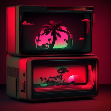 textless (retrowave:1)  an old television with a palm tree on the screen  <lora:RetroWave_LoraBooth:1>