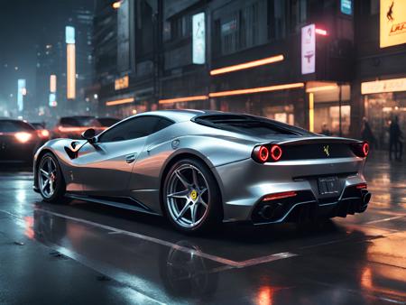 (ferrari: 1.2), sports car, silver, (cyberpunk: 2), (sci-fi: 1.8), (night city: 1.6), light rays, metallic, automotive design, arnold render, best quality, ultra high res, photograph, high details, 8k