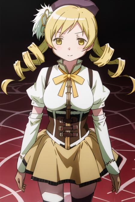 best quality, masterpiece, highres, solo, {tomoe_mami_puellamagimadokamagica:1.15}, blonde_hair, drill_hair, twin_drills, twintails, hair_ornament, yellow_eyes, magical_girl, 1girl, beret, hat, parody