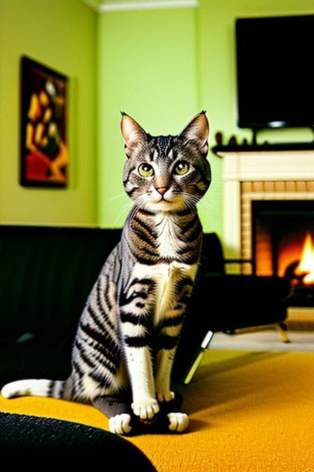 a cat smoking a cigar, sitting on black couch, fireplace,<lora:vhs:1>