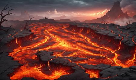 scene concept, lava field, 3d rendering, realistic style, ultra-clear detail, masterpiece, high quality, lava, solo, landscape, dead tree, outdoor, cliff, clouds, fire, science fiction, sky, pit, top view<lora:çå²©ä¹å°:0.8>