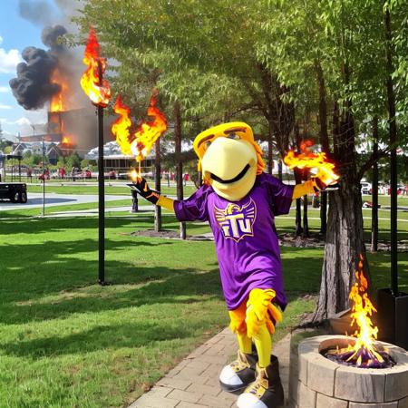 Awesome Eagle, an eagle mascot with yellow feathers, trees on fire