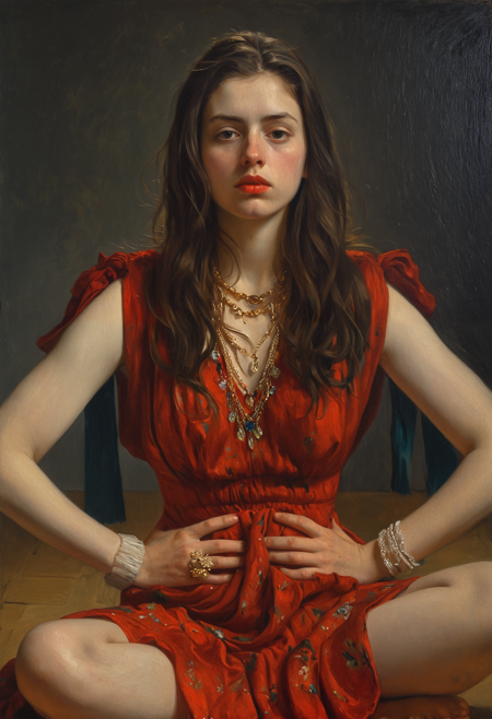 Classical oil painting,  a portrait of a young woman sitting on the floor with her legs crossed. She is wearing a red dress with a floral pattern and a statement necklace. Her long dark hair is styled in loose waves and falls over her shoulders. She has a serious expression on her face and is looking directly at the camera. The background is a dark grey color, making the woman the focal point of the image.Caravaggio Vermeer Blake Sargent Turner Lautrec Degas Monet Manet Cassat Morisot Münter Kollwitz Malfatti Werefkin chiaroscuro Schjerfbeck, bold colours deep shadows, red blue green yellow brown black, dark thick inky shadows, reflected light subsurface scattering