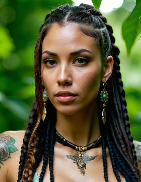 A photo realistic shoot from a portrait camera angle about a portrait of a woman with long dreadlocks and intricate tattoos, set against a blurred background of greenery. the image also shows a woman in the middle of the image, who appears to be a young adult, with fair skin and dark brown hair styled in a long, braided ponytail. she is facing the viewer and looking directly at them with a neutral expression. her eyes are brown and her lips are parted. she has a necklace and earrings on, and her body is adorned with intricate, detailed tattoos. the background is a lush, green forest with blurred greenery, giving the image a dreamy, ethereal quality.