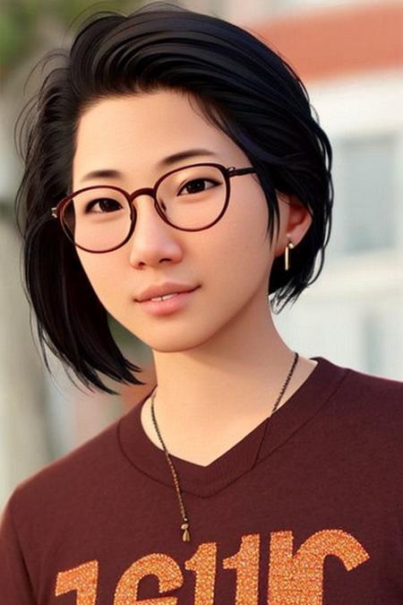 alexchen,1girl, solo, glasses, jewelry, realistic, blurry background, brown eyes, black hair, earrings, nose, necklace, shirt, lips, short hair, happy, mole, black shirt, piercing, sweater,