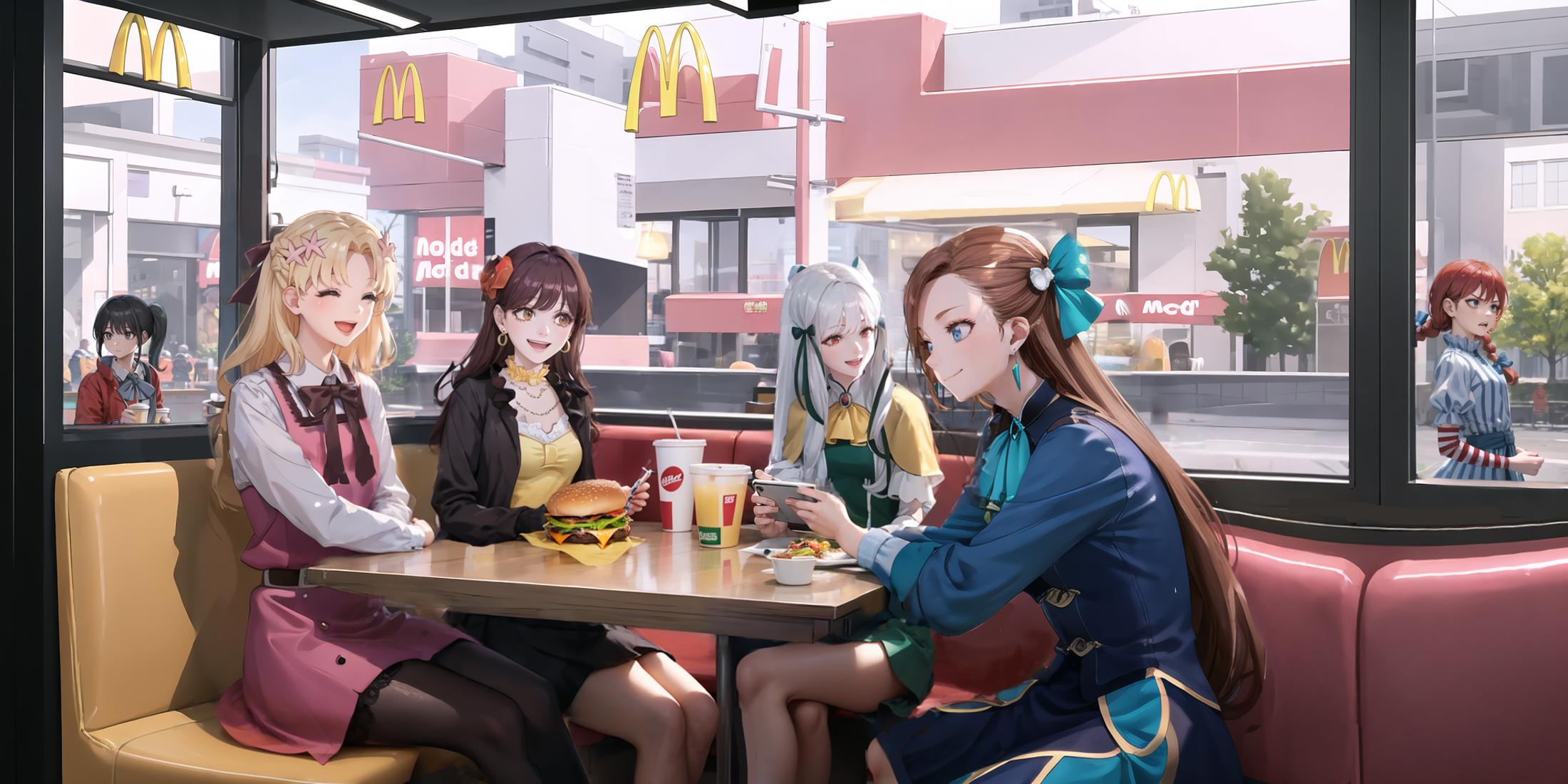 A group of four animated females sitting at a dining table in a fast food restaurant, enjoying burgers and drinks.