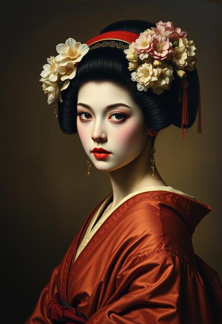 classic antique caravaggio painting of a beautiful japanese geisha, she is 20 years old with pretty round face,