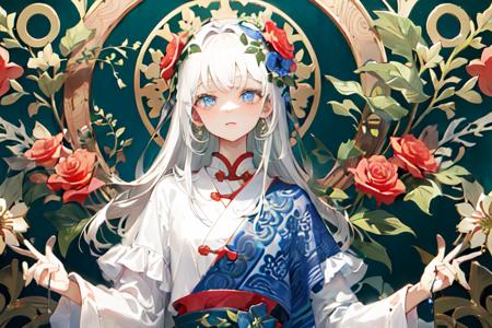 (masterpiece), (high detail),(ultra-detailed), featuring flowers and circles, blue background, multiple scattered and arranged flowers, blue and red and yellow and green color scheme, traditional chinese pattern, with square symmetrical composition,(1girl,white hair),<lora:conewloha-000011:0.25>