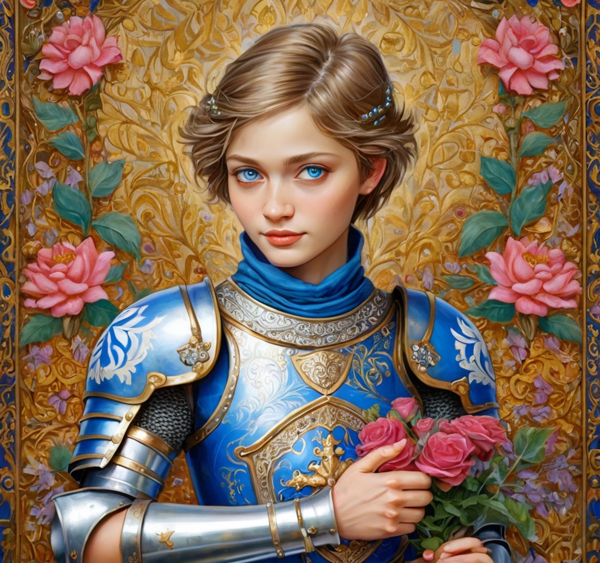 Alisa Selezneva short hair big blue eyes, a woman in knight armor holding her arm with flowers growing our of right pauldron
