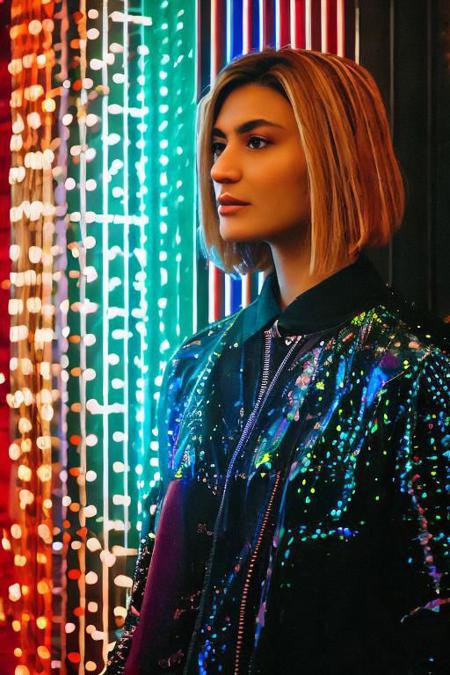 analog photo, dark shot, low key, action, (a intelligent afghan girl, 20 years old:1.1), strawberry blonde pixie bob hair, huge tits, fit, reflections on the wall background, abstraction atmosphere, (prismatic, holographic:1.2), sparkles, neon pixels, (neon light:1.1), chaotic, fashion magazine, (intricate details:0.9), (hdr, hyperdetailed:1.2)