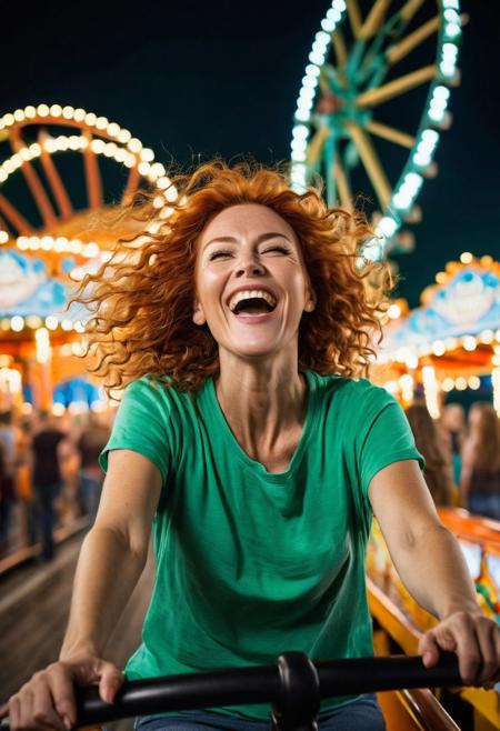 A captivating, cinematic night time photo of elegant beautiful woman riding a rollercoaster, hands in the air, in a brightly lit theme park, laughing, arms out, age 50 with long curly orange hair and freckles, wind blowing her hair. She is dressed in an 80's t-shirt. Her long orange hair flows elegantly, and her eyes are a striking shade of green. The background is a mystical, moonlit fairgrounds, glowing party lanterns., DarkFantasy, photo, cinematic,