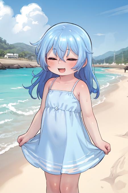 1girl, bangs, beach, blue_hair, blush, closed_eyes, collarbone, cowboy_shot, day, dress, eyebrows_visible_through_hair, hair_between_eyes, long_hair, open_mouth, outdoors, sky, sleeveless, sleeveless_dress, smile, solo, sundress, blue_dress