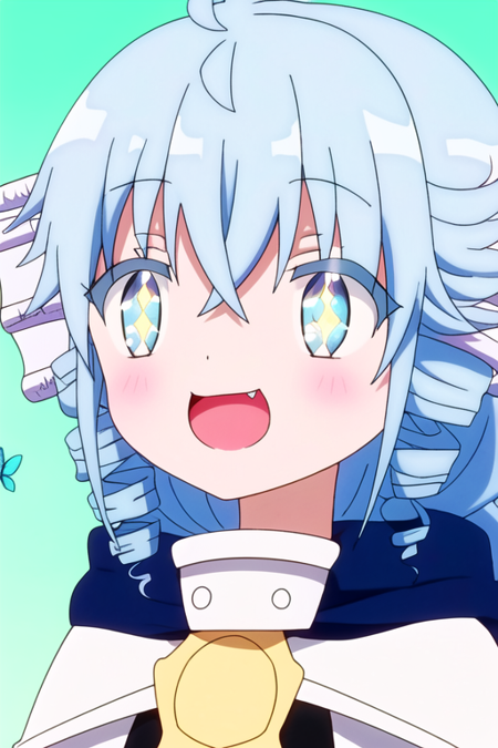 1girl, bug, butterfly, solo, open mouth, fang, blue eyes, drill hair, smile, blue hair, blush, ahoge, looking at viewer, :d, sparkle, portrait, hair ornament, hair between eyes, blue butterfly