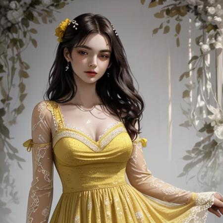 a beautiful woman wearing a yellow lace dress,<lora:ç½åé­å¥³:1>,