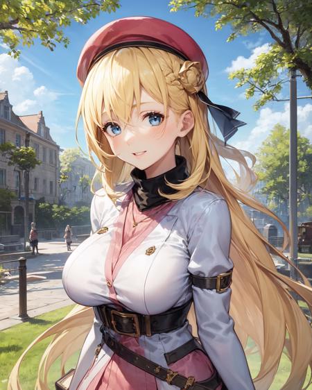 best quality, (masterpiece:1.2), illustration, absurdres, ,
(1girl), (solo), (beautiful detailed girl), (upper body, portrait),
<lora:AgnesKuro-000010:0.9>, Agnes Claudel, blonde hair, long hair,  blue eyes, large breasts, hair ornament, beret, white coat, (pink turtleneck dress:1.1), necklace, belt, pink skirt, pantyhose, brown boots, thigh boots,
looking at viewer, happy
park, sky, clouds, trees, buildings,