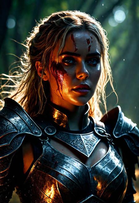 Ultra detailed digital art masterpiece Warrior girl dressed in a iron Armor, Standing on a battlefield at the head of an army of knights, where a bloody slaughter is taking place, standing in battle pose, a dark epic fantasy, perfect lighting, beautiful Kiernan Shipka as Warrior girl, attractive woman, elegant, sinewy athletic body, unreal engine 5 nanite quality, mixed with dark elements, dark environment, very stormy day, clean dark velour witch clothing, LOTR style, dark washed out eyeliner, no make up, natural bloody face, realistic brown eyes, ultra detailed atmospheric details, beautiful glowing effects, sparkle effects, realistic body proportions, beautiful face proportions, complex masterpiece, wavy blonde hair, creative glowing detailed tattoos, complex physics, enhanced colors, complimentary colors, ultra detailed raytracing reflections, Ultra detailed complex background, environment feels alive, direct eye contact, dramatic lighting, wet and sweaty skin, beautiful firm Breasts, Daylight, Concept art portrait by Greg Rutkowski, adding to the intense and dynamic atmosphere of the scene.