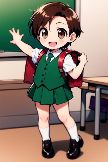 <lora:rokujoumugi:0.8>  rokujoumugi, brown hair, short hair, brown eyes, chibi, toddler,  classroom,
solo, 1girl, backpack, bag, skirt, short hair, randoseru, necktie, socks, school uniform,  full body, vest, smile, happy,
masterpiece, high quality, very_high_resolution, large_filesize, full color,