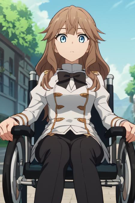 fiore  black bow, white uniform, black pants, sitting on wheelchair