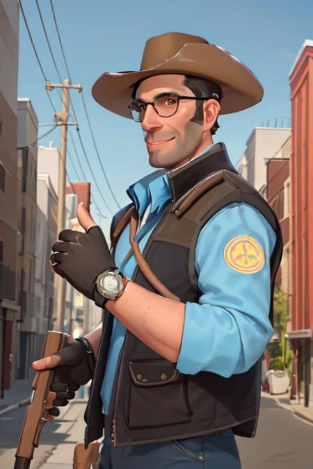 masterpiece, solo, half-length portrait, upper body, tf2sniper, blue team, glasses, facial hair, cowboy hat, single glove, blue shirt, blue pants, single glove, fingerless gloves, detailed background, outdoors, smiling, looking at viewer, thumbs up,  <lora:sniperlorav2:0.8>