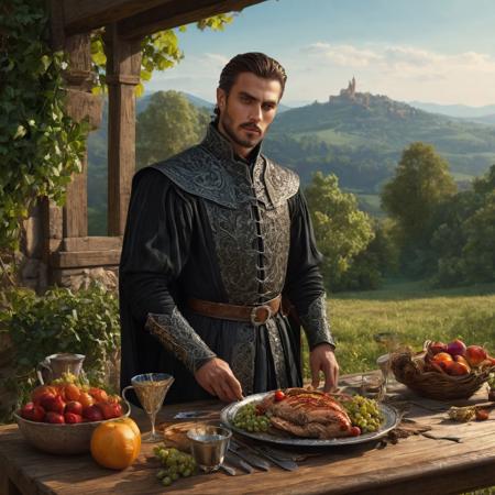 Create a medieval male character, 
standing, 
with an angular face, 
focused sharp and attractive, 
clear detailed and defined eyes and rich clean and shiny clothing, 
20K, 
3D, 
background of a country setting with an outdoor table with delicacies, 
hyper detail, 
highly detailed, 
fine detail, 
hyperrealistic, 
surrealism, 
ultra hd, 
realistic, 
vivid colors, 
perfect composition, 
beautifully detailed intricate insanely detailed octane rendering trending on artstation, 
8k art photography, 
natural volumetric cinematic, 
perfect light, 
chiaroscuro, 
award - winning photograph, 
masterpiece, 
oil on canvas, 
raphael, 
caravaggio, 
greg rutkowski, 
beeple, 
beksinski, 
giger