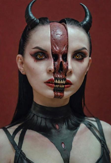 Dark art chdmchlwrd style, split head and body, split demon body inside beautiful seductive goth model, glamour shoot, macabre, sinister, extremely lifelike, realistic skin texture, raytracing, sharp focus, 8k, hdr, masterpiece, photography, dslr, kodachrome, 35mm photograph, analog film, professional, highly detailed, thought-provoking masterpiece