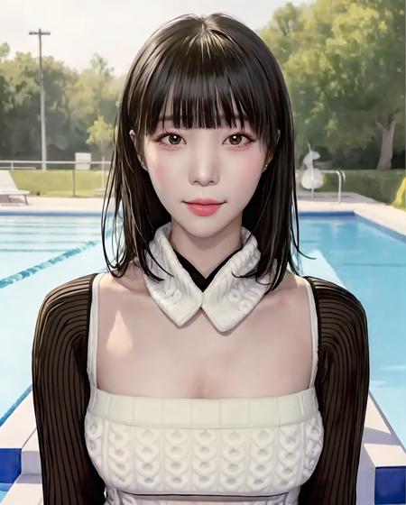 pureerosface_v1:0.05, best quality, photorealistic, 8k, high res, 1girl, woman, (skindentation), (portrait:0.6), gorgeous, dynamicpose, ((poolsidebackground:1.6)), ((necksweater:1.79)), straight-looking at viewer:1.8, (1girl eyes looking at viewer, medium-length hair,  brownhair, partedbangs:1.45), (bokeh), smile:1.2, (closed mouth:1.16), <lora:AAG-baerasoni:0.65>