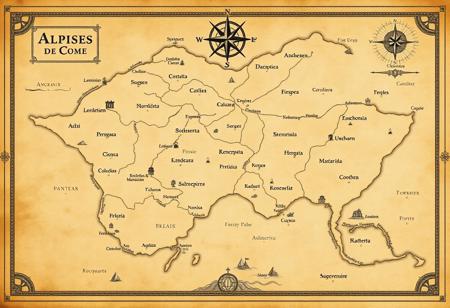 Elegant map of a vast fantasy world with an old, vintage feel. Minimalist design, aged parchment texture, delicate borders. Elegant calligraphy for labels, classic cartography style. Text in a latin inspired language. Smooth coastlines, rivers, hills, mountains and forests. Small towns, castles, and ports marked with basic icons. Intricate compass rose, subtle grid lines. Muted colors, sepia tones, and faded ink for an ancient, timeworn appearance. Map exudes an air of history and elegance, like an artifact from a forgotten era.