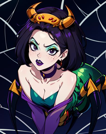 velmag,black eyes,purple lips,solo,(arthropod girl:1.3),pale skin, spider girl,  green spider abdomen, 
choker,horns,purple vest,bare shoulders,jewelry,cleavage, full body, 
cave,spider web, solo, 
(insanely detailed, beautiful detailed face, masterpiece, best quality) <lora:VelmaGreen-10v6:0.8>,