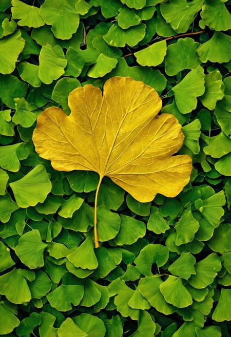 A hyper-realistic image of a single golden Ginkgo leaf standing out from the crowd of green leaves. The golden leaf is located in the lower third of the image, its intricate detail and texture accentuating its metallic sheen. The surrounding leaves form a dense, natural background, accentuating the golden leaf's rare and striking appearance.