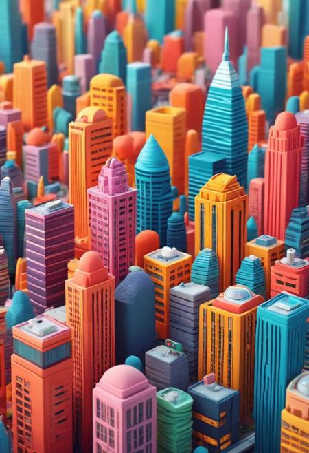 Ad with a city full of skyscrapers, in the style of cute cartoon designs, dreamlike images, soft sculptures, web camera, bright colors, striking shapes, coastal landscapes, capturing moments.