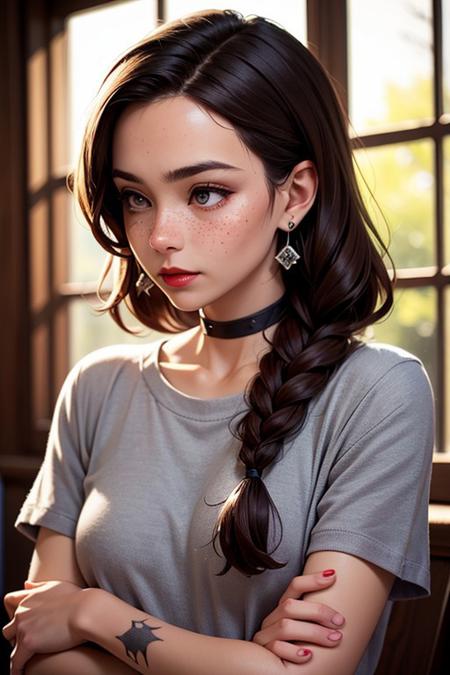 SFW,highest quality,woman,27 year old,backlighting,black choker,blurry background,blush,closed mouth,collarbone,earrings,forehead,freckles,hair over shoulder,jewelry,long hair,looking down,pointy nose, red lips glossy,shadow,solo,thick eyebrows,thick eyelashes,upper body,red hair,braids,tattoos,tattoos on arms,black rose tattoos on neck,sun beams,warm light,cozy,((masterpiece)),