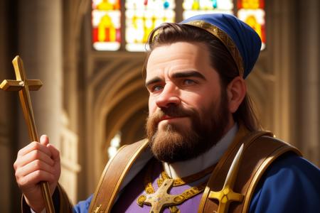 a dwarf man in a priest outfit standing in a church, detailed face, medieval, fantasy