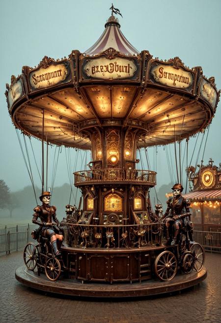 A forgotten steampunk amusement park hidden in a misty valley, overrun by sentient, rust-covered attractions. A lone explorer with a gear-cranked lantern wanders past a derelict Ferris wheel that still hums with eerie music, while mechanical clowns shuffle silently in the fog. Vines tangle with copper pipes, and glowing-eyed automaton animals roam the broken carousel. qu4ntum