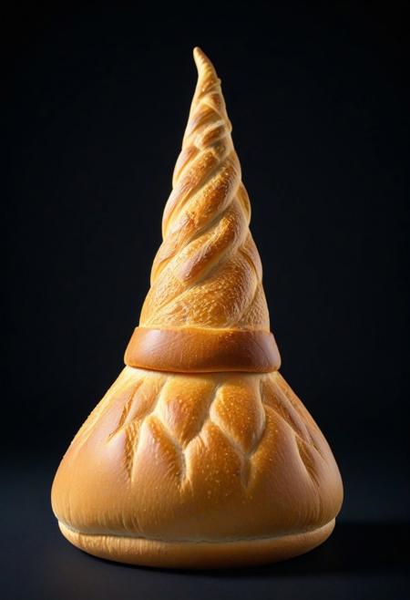 4k, ultra highres, Tilt shift photography style, a wizard hat woven from inflated bread, floating, minimalist, High Quality, Full Colour, 80mm, simple dark background,