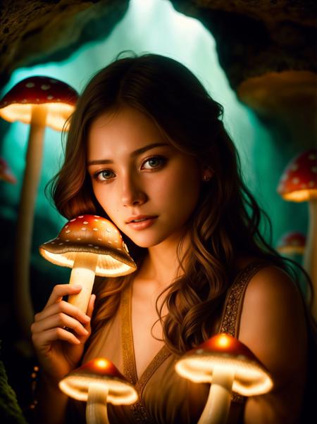 (((beautiful woman))), close up, (mythical cave with glowing mushrooms), epic scene, dynamic camera, Photorealistic, Hyperrealistic, Hyperdetailed, analog style, soft lighting, subsurface scattering, realistic, heavy shadow, masterpiece, best quality, ultra realistic, 8k, golden ratio, Intricate, High Detail, film photography, soft focus, RAW candid cinema, 16mm, color graded portra 400 film, remarkable color, ultra realistic,