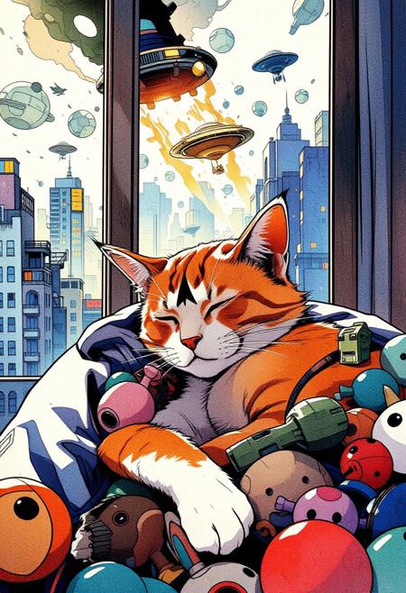 Paint a serene yet dynamic watercolor scene in the Flux art style, where a sleeping cat is *fully nestled within a pile of pet toys*. The cat’s body, rendered in soft, car color orange, brown, white with a black M in his forehead, in a soft pillow near to a building window, inside an apartment, outside a city in chaos, alien invasion, cars in fire,
running away from the aliens, aliens abductions, UFO