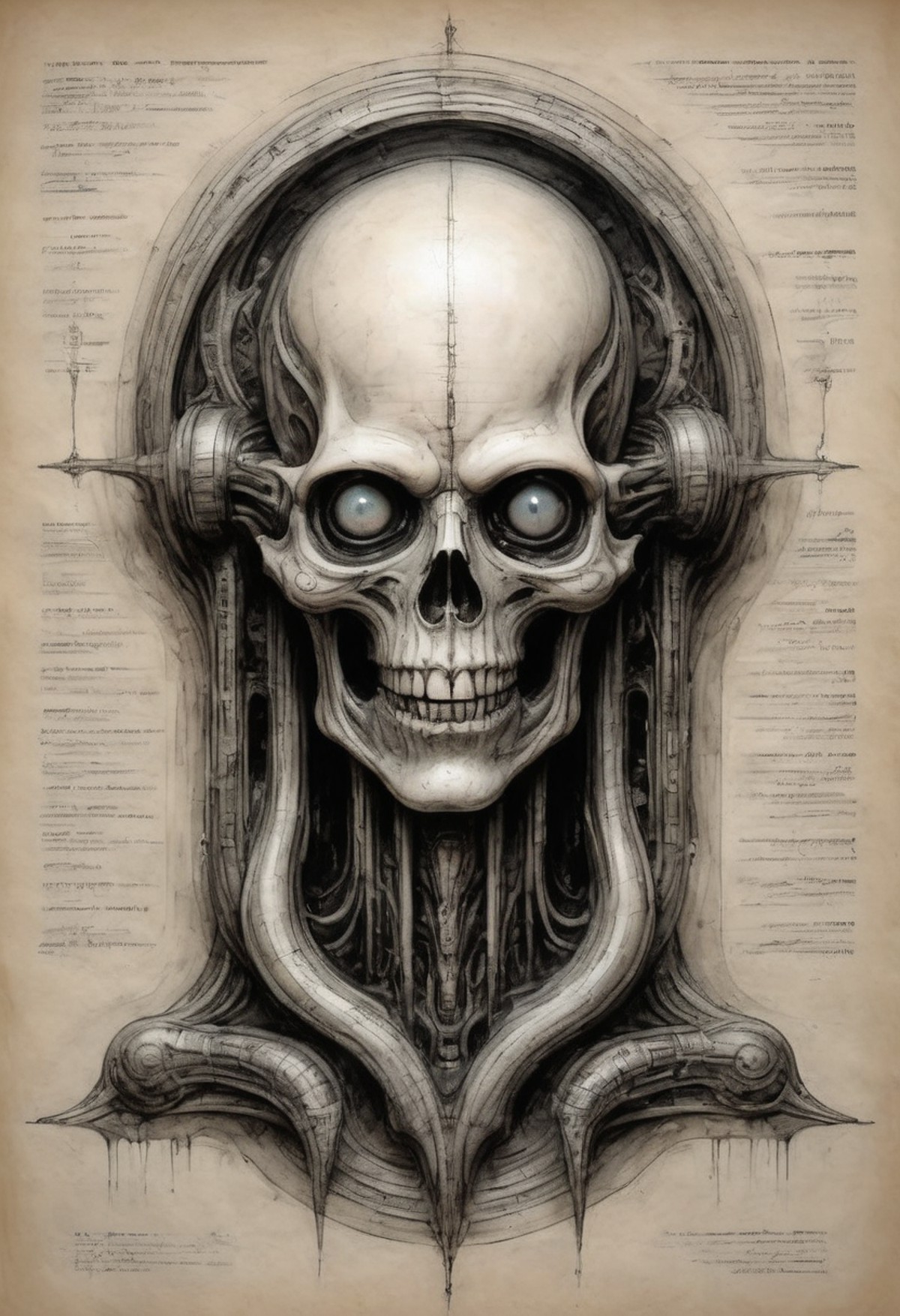 ink art on parchment by H.R. Giger writhing biomechanical glossy console glowing panels reflective chrome and inscrutable ...