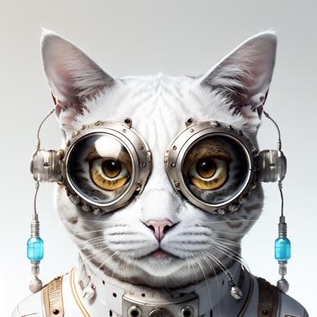 <lora:m0in:1> cat portrait with transparent goggles wearing cybersuit in the style of m01n over white background