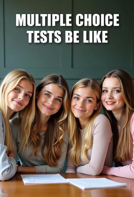realistic photo of four only slightly differently looking blonde woman sitting by a table looking at viewer, text on the top says "multiple choice tests be like", bold white text on the top