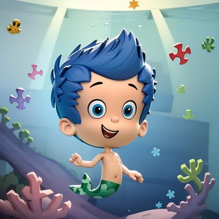 Gil short hair blue eyes blue hair chibi merman underwater