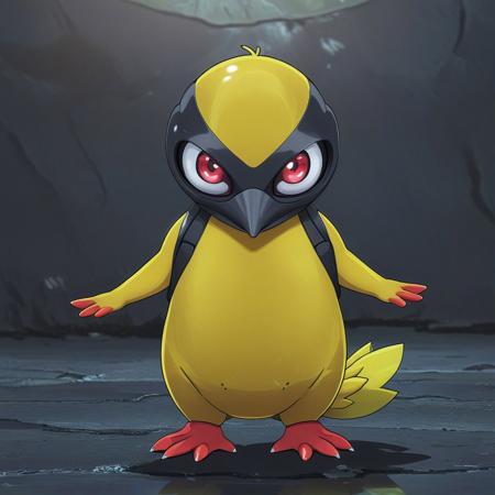 alienworld, psyduck, pokemon \(creature\), no humans, solo, alien extraterrestrial background, standing, full body, hands on own head, animal focus, bird, duck, black eyes, silver, alien feathers, looking at viewer, closed mouth, arms up.