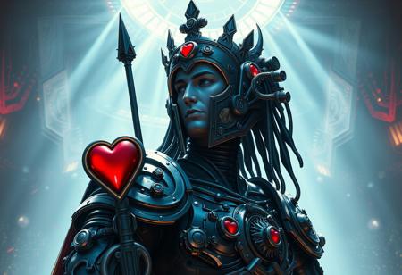 Create a highly detailed, hyperrealistic digital illustration of a clockpunk Battleguard King in an Amazoness Arena, inspired by the styles of Mark Brooks, Artgerm, Beeple, and Yoshitaka Amano. The King should be half-man, half-machine, with a focus on dark blue metal and intricate, lifelike details. Incorporate a portrait of He-Man and connect the King to heart machines, utilizing a golden ratio composition. Render the scene in 8K with volumetric lighting, sunbeams, and particles, using Octane render and Daz Genesis Iray. Ensure the image is in a portrait orientation and includes micro details and textures. Use Tetsuo from Akira as a reference for the King's design.